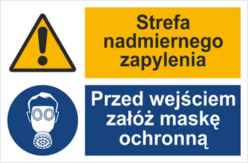 Znak Strefa nadmiernego zapylenia. Przed wejściem załóż maskę ochronną (520-07)