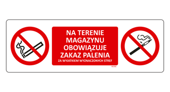 Znak Zakaz palenia na terenie magazynu za wyjątkiem wyznaczonych stref na Folii Samoprzylepnej NE006