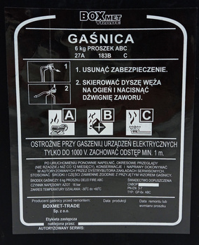 Etykieta serwisowa oryginalna do gaśnicy proszkowej GP6x ABC - BOXMET przeźroczysta