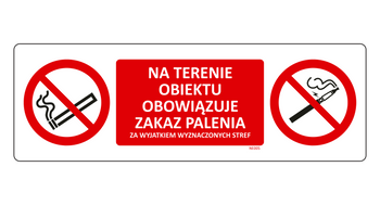 Znak Zakaz palenia na terenie obiektu za wyjątkiem wyznaczonych stref na płycie PCV NE004