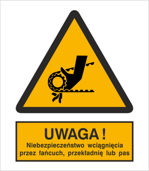Znak Uwaga! Niebezpieczeństwo wciągnięcia przez łańcuch, przekładnie lub pas (342)